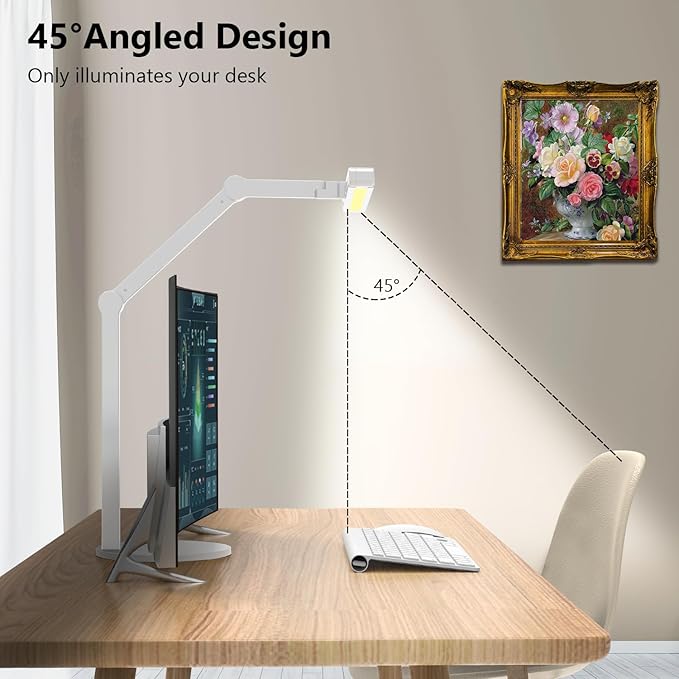 Micomlan Led Desk Lamp with Atmosphere Lighting, Rotatable Tall Architect Desk Lamp for Home Office with Swing Arm, 24W Bright Auto Dimming Adjustable Computer Light with Base for Table