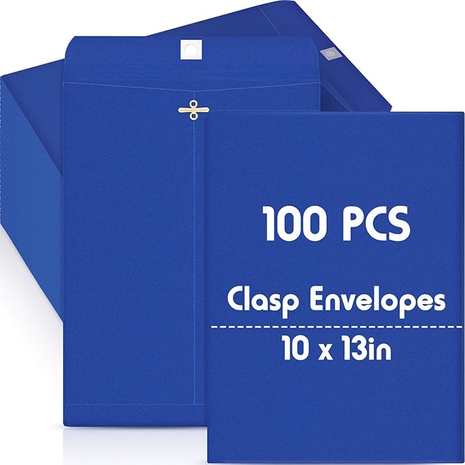 Geyee 100 Pcs Clasp Manilla Envelopes 10 x 13 Inch Gummed Colored Envelopes for Storing or Mailing for Home Office Business Supplies(Navy Blue)