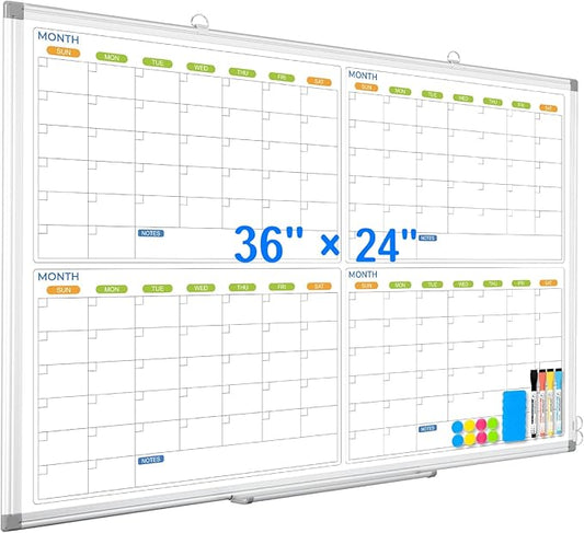 Dry Erase Calendar Whiteboard for Wall, 36" x 24" Magnetic Planner, Silver Aluminum Frame 4 Month Board for Office Home and School