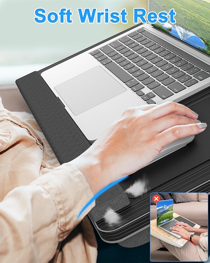 Laptop Lap Desk, Portable Large Laptop Desk for Bed, Up to 17 Inch Lap Pad Tray with Wrist Rest, Mouse Pad, Tablet Phone Slot, Portable Handle, Cushion (Black)