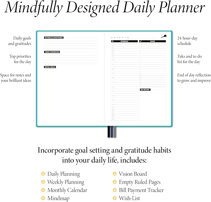 Daily Planner, Calendar and Gratitude Journal to Improve Time-Management, Productivity & Happiness | Vegan Leather Hardcover Organizer with Blank Dates, Undated 6 Months 24 Hour Agenda