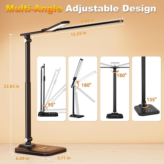 LED Desk Lamp for Office Home, Height Adjustable Architect Desk Light with USB Adapter, Stepless Dimming Table Lamp Light for Reading, Study, Workbench