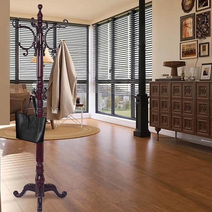 Wooden Coat Racks, Retro 78" Coat Tree with 14 Hooks & Stable Triangular Base, Entryway Coat Rack Freestanding for Hat, Clothes, Scarves, Handbags, Umbrella (Mahogany)