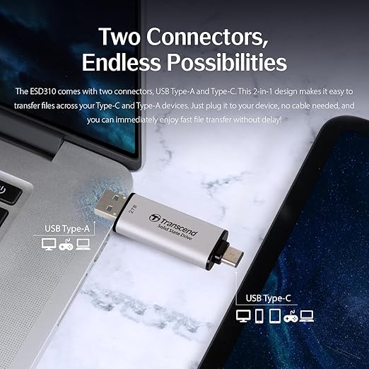 Transcend 1TB External SSD, Up to 1,050MB/s, USB 3.2 Gen 2 Portable SSD, 2-in-1 Type C &Type A, USB Hard Drive for Steam Deck, ROG Ally, MSI Claw, Windows&Mac, iPhone&iPad, Android, PS5&Xbox, Smart TV