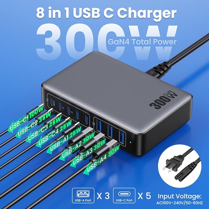 USB C Charger 300W USB C Charger Block, 8-Ports GaN IV Fast Charging Station Hub, Dual PD 100W Laptop Charger Adapter,for MacBook Pro/Air/iPad/iPhone16/15/14/Apple Watch/DELL/Samsung for Home Office