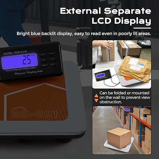 Bonvoisin Postal Scale Digital 300kg/ 660lb Parcel Shipping Scale kg/oz/lb Switchable, Heavy Duty Package Scale for Weighing Boxes/Luggage with Stainless Steel Platform 4 AA Batteries & Power Adapter
