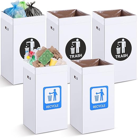 Tioncy 5 Pcs 40 Gallon Corrugated Cardboard Trash Cans Recycling Bins with Trash and Recycle Letters White Disposable Garbage Container Reuseable Garbage Boxes for Party Camping Outdoor Events