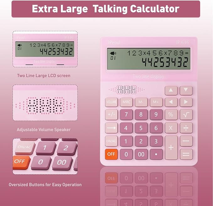 Calculators Desktop, Desk Calculator with Large 2 Line Display, Talking Basic Calculator with big Button & Adjustable Volume, 4 Function Calculators for Business, Students,School Office Supplies(Pink)