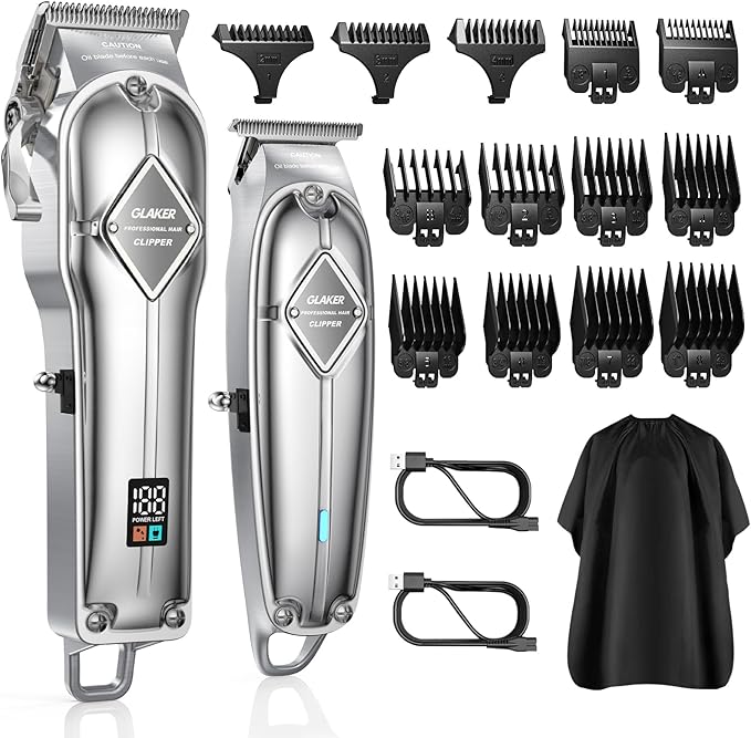 GLAKER Hair Clippers for Men Professional - Cordless Clippers and Trimmers Set, Complete Barber Kit for Hair Trimming & Beard Grooming, Mens Haircutting Kits for Blending & Fade Cuts (Silver)
