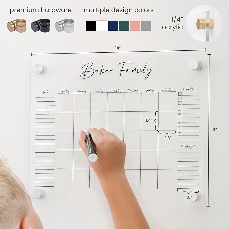 Personalized Clear Acrylic Calendar for Wall, Calendar Whiteboard for Wall, Dry Erase Wall Calendar, Wall Calendar Organizer System for Home (Cursive, Blush, 14"W x 11"H)