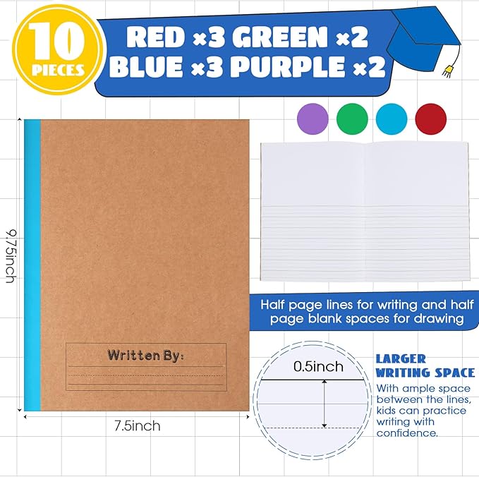 Henoyso 10 Pcs Primary Composition Notebook 9 3/4 x 7 1/2 Inch Kids Journal, Back to School Supplies, K-2 Primary Writing Notebook for Kids Student Draw and Write Story Journal (Fresh Color)
