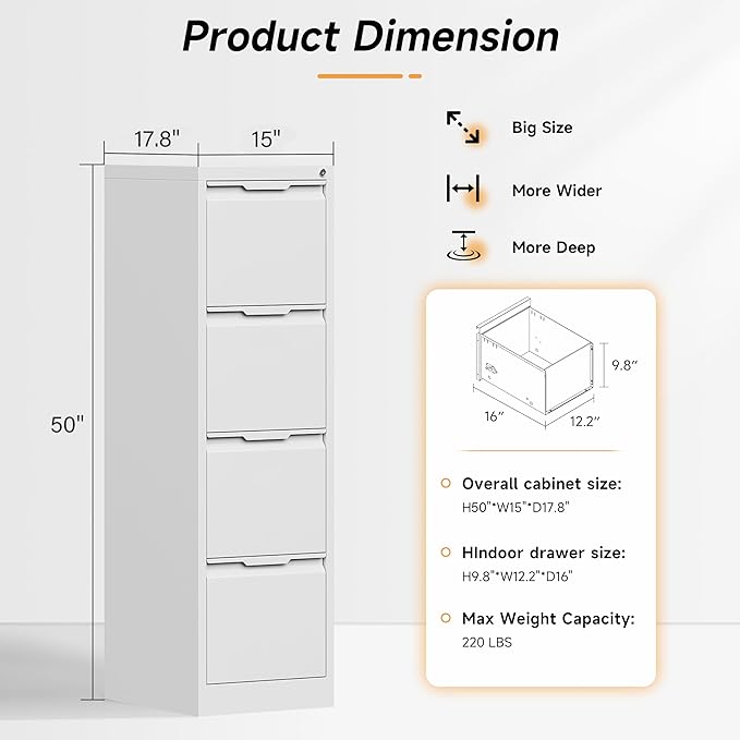 Bestoo 17.8" D Vertical File Cabinet, 4 Drawer Metal Filing Cabinets with Lock, Steel Filing Cabinet for Home Office, File Cabinet for Letter/Legal/A4/F4 Size, Easy Assemble (White)