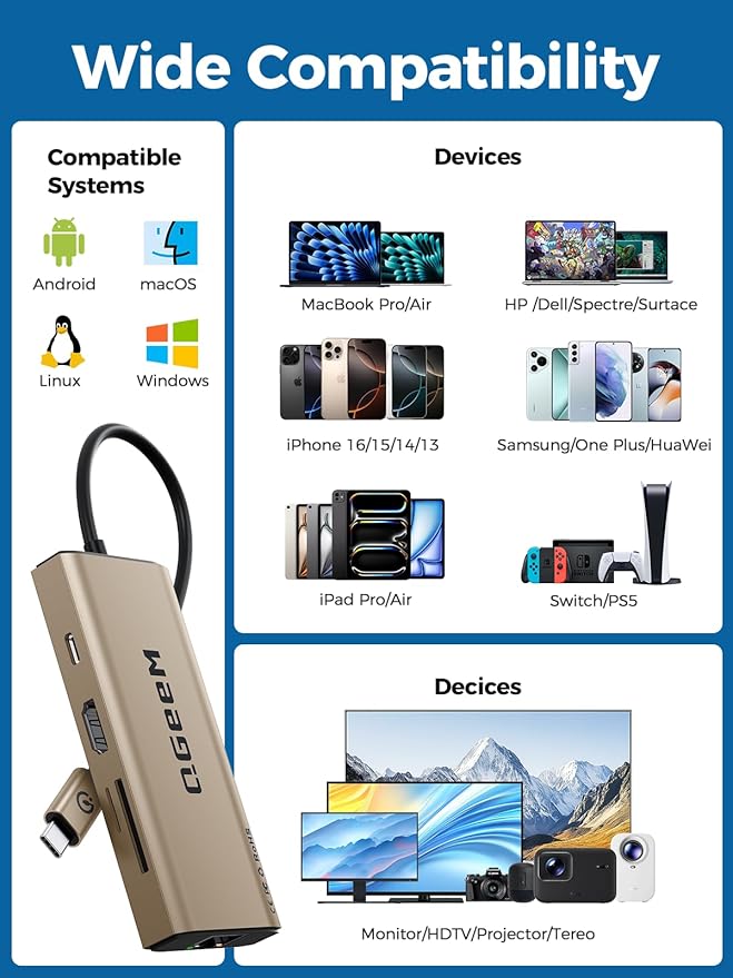 QGeeM USB C Hub Ethernet,9 in 1 USB Type C Hub HDMI Multi-Port Converter Adapter,100W Pd, USB 3.0,SD/TF Card Reader,Compatible for MacBook Pro Air Ipad HP Dell Lenovo Chromebook etc.-Brown