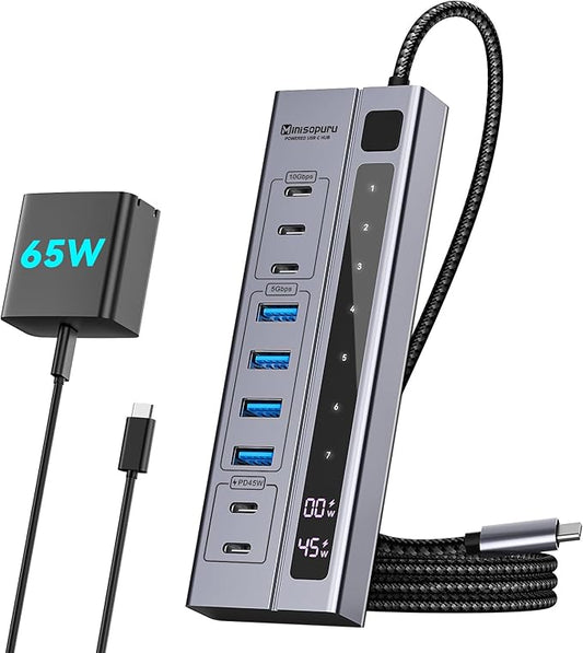 Minisopuru Powered USB C Hub – Support Max 45W Charging with 65W USB-C Power Adapter, 10Gbps, USBC Hub Charging for Meta Quest Pro, Steam, iPad Pro, iPhone, Watch (Not for Monitor)