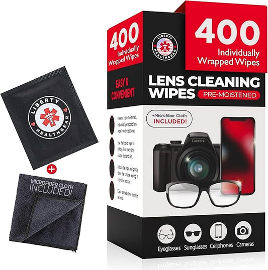 400 Eyeglass Cleaning Wipes + Microfiber Cloth for Eyeglasses & Lens Cleaner | Pre-Moistened, Individually Wrapped, Less Alcohol Formula | Lens Wipes for Eyeglasses, Eye Glasses, Lenses & Screen