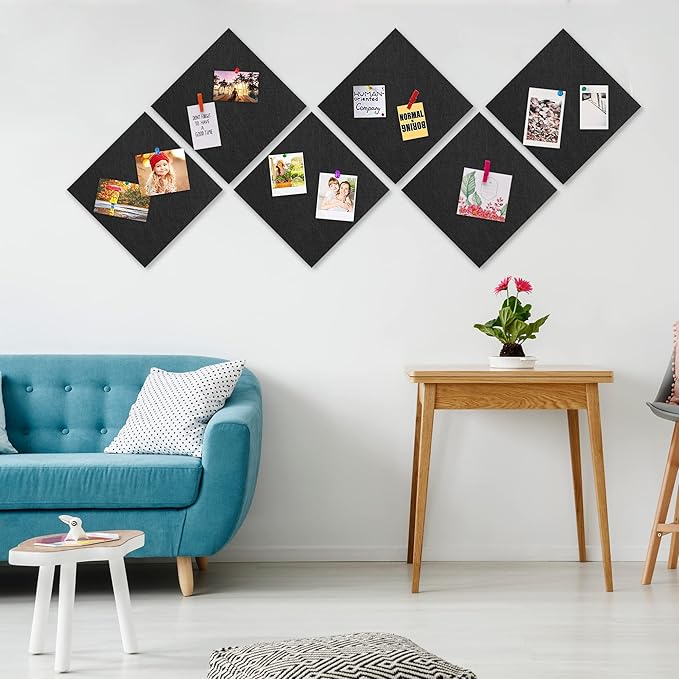 AKTOP Cork Board Bulletin Board 12x12, 1/2" Thick Felt Cork Board Tiles 6 Pack, Small Square Pin Board for Wall, Self Adhesive Corkboards with 60 Push Pin Wood Clips for School, Home & Office, Black