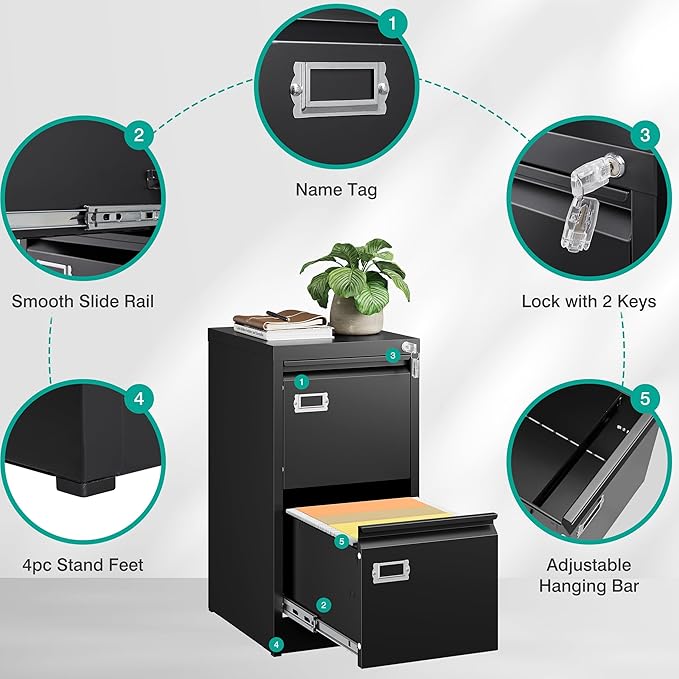 SISESOL 2 Drawer File Cabinet with Lock,Narrow Vertical Filing Cabinet,Under Desk File Cabinets,Black Metal File Cabinets for Home Office,Fit Letter Size,Files Folder,Easy Assemble