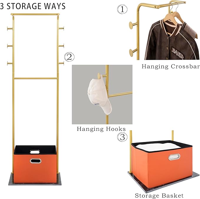 Heavy Duty Coat Rack with Storage Basket Metal Hanging Clothes Rack with Marble Base Modern Standing Clothing Rack for Entryway Bedroom Living Room Hotel 19.69 x 13.39 x 67.72 Inches (Gold)