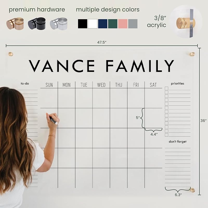 Personalized Clear Acrylic Calendar for Wall, Calendar Whiteboard for Wall, Dry Erase Wall Calendar, Wall Calendar Organizer System for Home (Block, Blush, 47.5"W x 36"H)