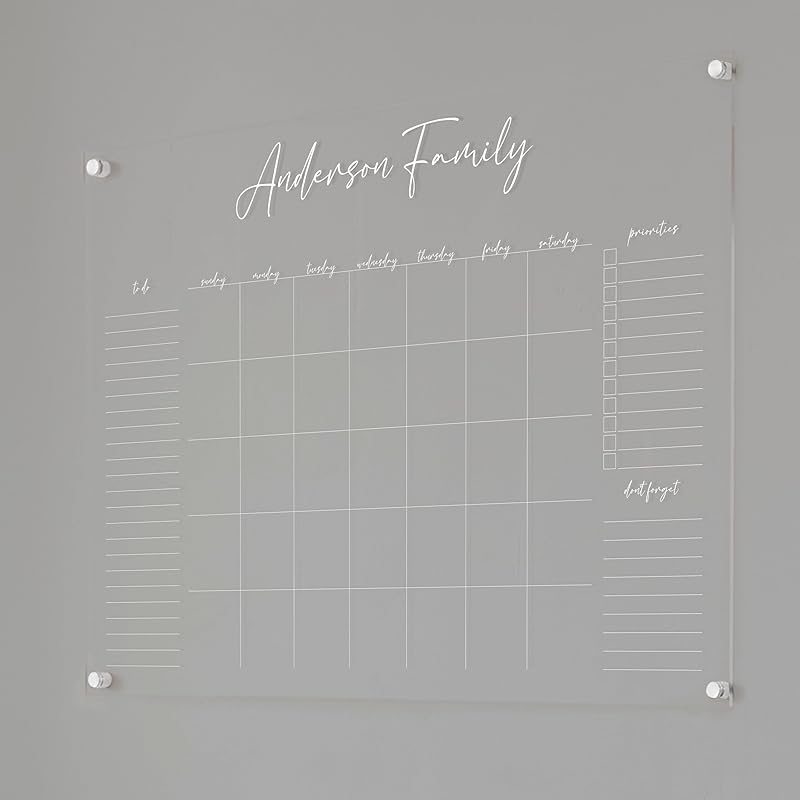 Personalized Clear Acrylic Calendar for Wall, Calendar Whiteboard for Wall, Dry Erase Wall Calendar, Wall Calendar Organizer System for Home (Cursive, White, 38"W x 26"H)