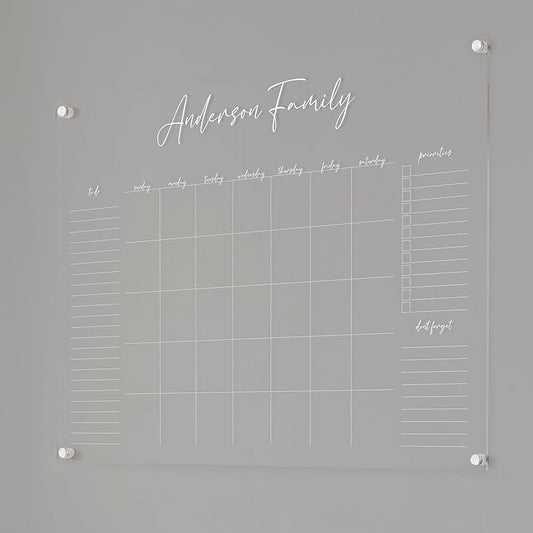 Personalized Clear Acrylic Calendar for Wall, Calendar Whiteboard for Wall, Dry Erase Wall Calendar, Wall Calendar Organizer System for Home (Cursive, White, 38"W x 26"H)