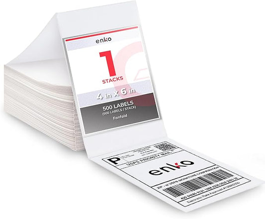 enKo 4 x 6 Thermal Fan Fold Labels Compatible for Rollo Printer Labels - 1 Stack of 500 4x6 Label Zebra Printer - Mailing Postal Label Paper, Perforated, Permanent Adhesive