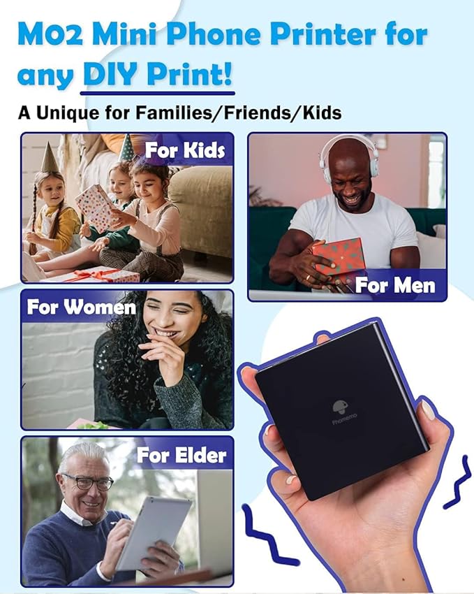 Phomemo Mini Sticker Printer- Mini Printer Sticker Maker Machine M02, Print Pods Suitable for Creative DIY, Diaries, Photos, Study Notes, Portable Thermal Inkless Label Maker for Home/Travel, Black