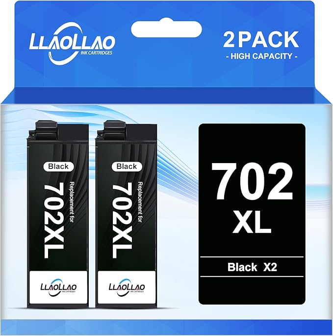 702xl Black Ink Cartridges Remanufactured Replacement for 702 Ink cartridges 702 XL T702XL for Epson WF-3720 WF-3730 WF-3733 Printer High Capacity (2 Pack)