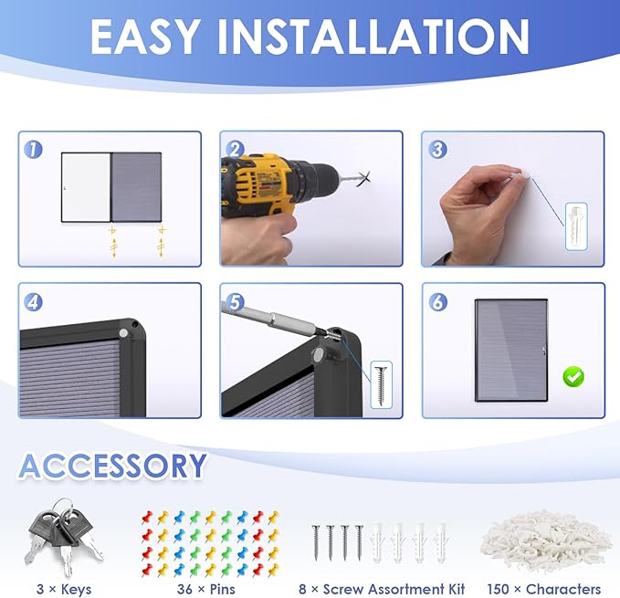 SWANCROWN Enclosed Bulletin Board with Locking Door 38x28 in, Lockable Felt Letter Board Sign Tamperproof Message Board for Office School Home, Black Aluminum Frame, Grey