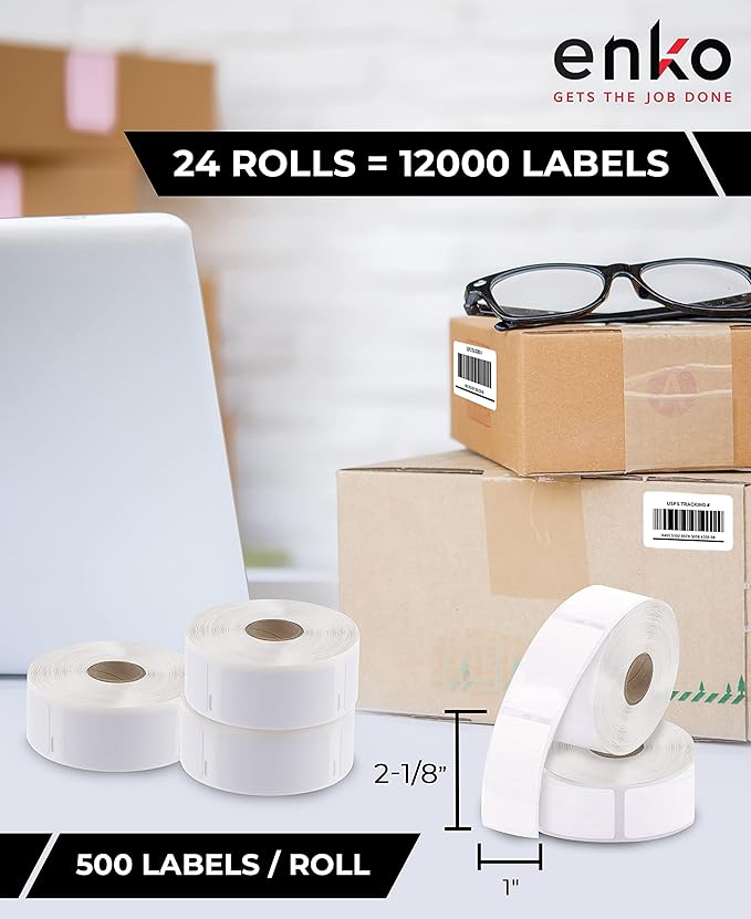 enKo Compatible for Dymo 30336 Labels (1" x 2-1/8") - 24 Rolls | 12,000 Labels for Dymo LabelWriter 450 Turbo Printer and 4XL - Blank White Direct Thermal Address, Shipping and Barcode Labels