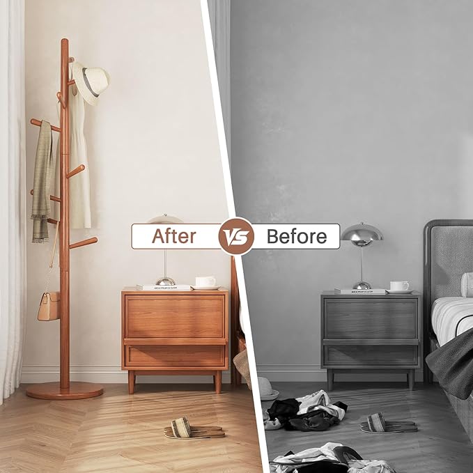 Uniclinens Coat Rack Freestanding Solid Wood Coat Tree Standing with 8 Hooks, Coat Rack Stand Creative Tree Branch-Look (Teak)