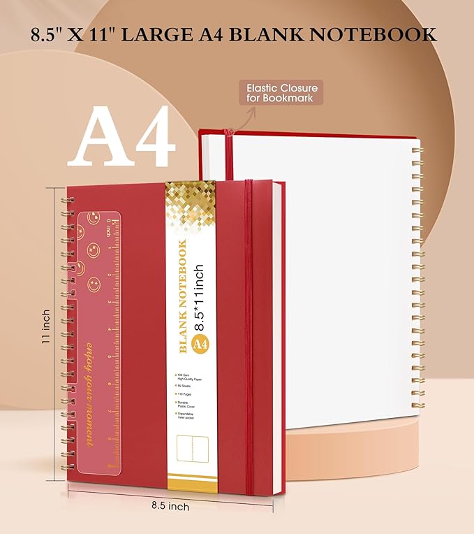 Blank Spiral Notebook Journal 8.5” x 11”, A4 Large Sketch Book for Women Men, 100 GSM Blank Paper Drawing Notebook, Plastic Hardcover Spiral Bound Sketchbook for Sketching Work School Writing, Red