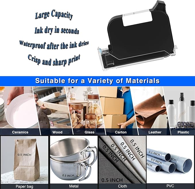 Original Ink Cartridge for 1580P1 Handheld Inkjet Printer, Quick-Drying Ink Replacement 42ml, Black Inkjet Ink Cartridge for Handheld Printer, Inkjet Coder Cartridge for Various Materials