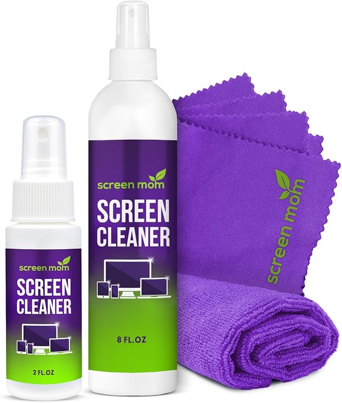 Screen Cleaner Spray and 4 Microfiber Cloths Bundle 8oz & 2oz, by Screen Mom, Eyeglasses or Monitor Screen Cleaner Spray and Wipe, Electronic Cleaner Spray, Car Screen Cleaning Kit