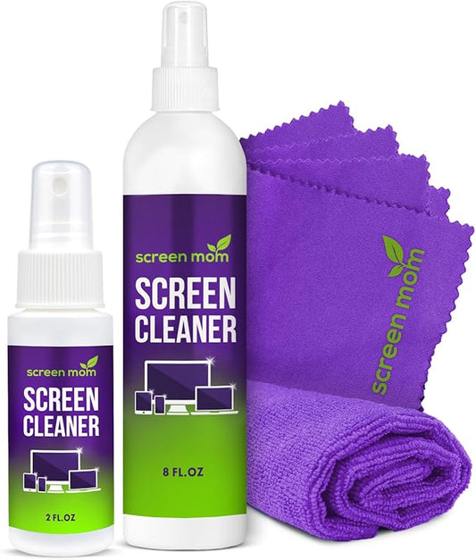 Screen Cleaner Spray and 4 Microfiber Cloths Bundle 8oz & 2oz, by Screen Mom, Eyeglasses or Monitor Screen Cleaner Spray and Wipe, Electronic Cleaner Spray, Car Screen Cleaning Kit