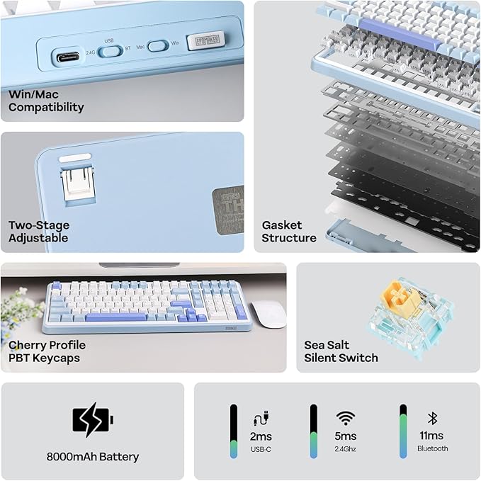 EPOMAKER TH99 Wireless Mechanical Keyboard with Lubed Silent Switch, Quiet Gaming Keyboard, 8000mAh,Creamy Gasket,RGB Backlit,Numpad,PBT Keycap,Hot Swappable,for Gamers/Office (Blue&White)