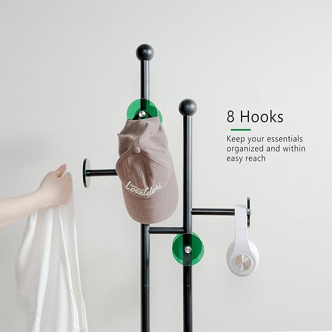 Free Standing Coat Rack with Marble Base & 8 Hooks Heavy Duty Clothes Rack for Entryway Bedroom Living Room Hotel 14.96 x 10.24 x 68.9 Inches (Black)