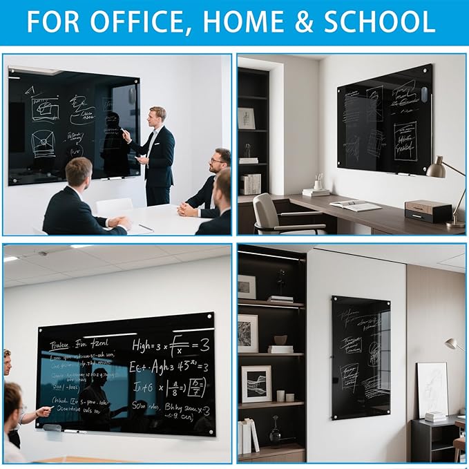 KIZZBY Black Glass Dry Erase Board - Magnetic Blackboard for Wall, 48"x36" Large Frameless Black Whiteboard for Office, Home & School