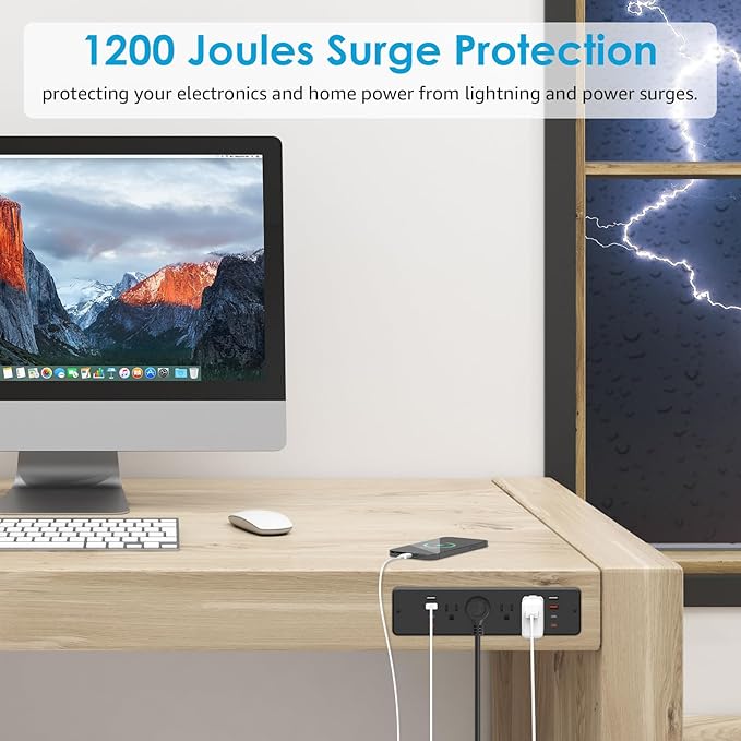 HHSOET 8 Outlet Recessed Power Strip, 30W Fast Charging Furniture Power Outlet USB C, Flush Mount Surge Protection Socket with 4 USB-A and 4 USB-C, 6ft Power Cord. (Black)