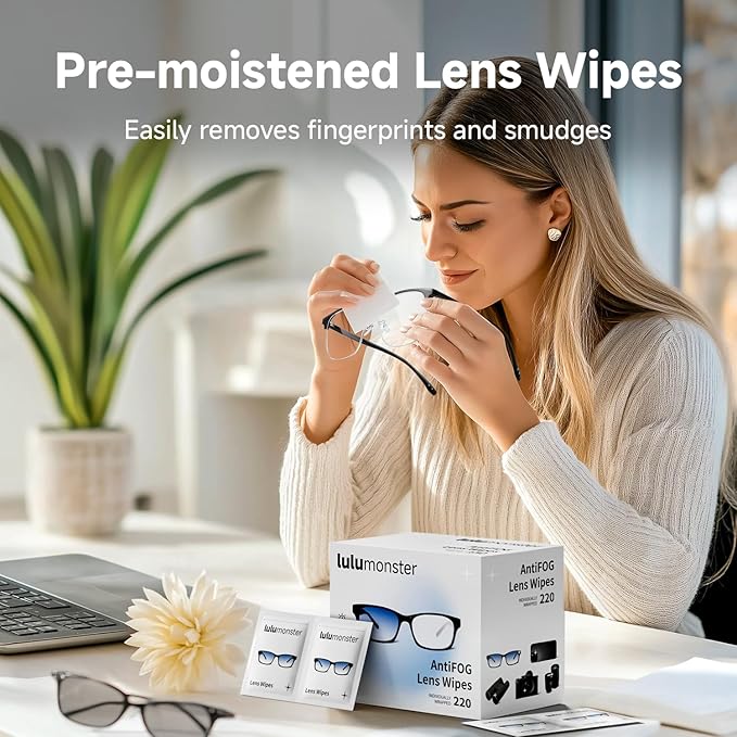 220 Count Anti Fog Lens Wipes for Eyeglasses, [Pre-Moistened Individually Wrapped Wipes] [Non-Scratching & Non-Streaking] Cleaner Wipes for Glasses, Sunglass, Phone Screen Camera Lens, Goggles