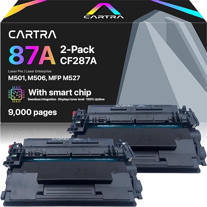 CARTRA 87A Toner Cartridge Black CF287A 2-Pack with Smart Chip, Compatible Replacement for 87A Black Toner Cartridge for HP Printer Models M506, MFP M527, and Flow MFP M527 Series, Office Supplies Use