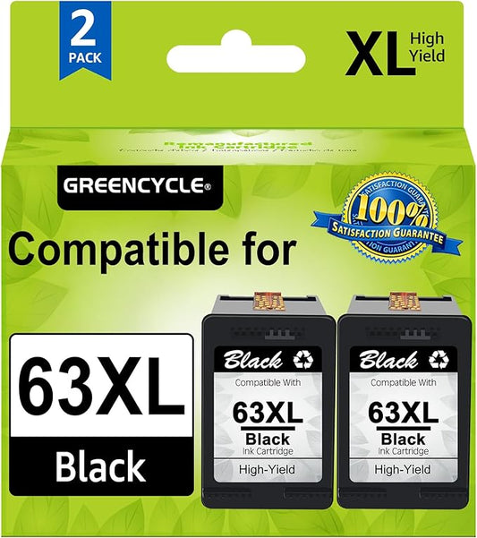 greencycle Remanufactured High Yield Ink Cartridge Replacement for HP 63 63XL F6U64AN Compatible with Envy 4520 4516 Officejet 4650 3830 3831 4655 Deskjet 3630 3632 3633 3636 Printer (Black, 2 Pack)