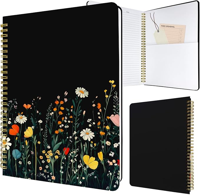Cute Spiral Notebook journal B5 Aesthetic Pretty Design for Women Girls Kawaii with Pocket, 10 x 7.2 inch, Lined, Black Flower