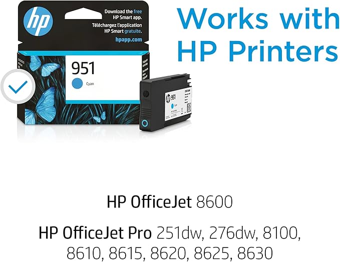 HP 951 Cyan Ink Cartridge for HP Printers | Works with Printer Series: OfficeJet 8600, Pro 251dw, 276dw, 8100, 8610, 8620, 8630 | Eligible for Instant Ink | CN050AN