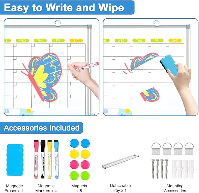 Dry Erase Calendar Whiteboard for Wall, WALGLASS 24" x 18" Magnetic White Board, Monthly Dry Erase Calendar with Silver Aluminum Frame, Double-Sided Hanging Portable Board for Office, Home, School
