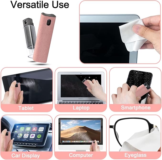 2 Pack Screen Cleaner Spray and Wipe for Laptop Monitor and Car Screens, Phone Touchscreen Mist Cleaning Kit for Cellphone, Tablet, PC, Computer, LCD, Eyeglass, iPhone, iPad, Mac Pro - Grey and Pink