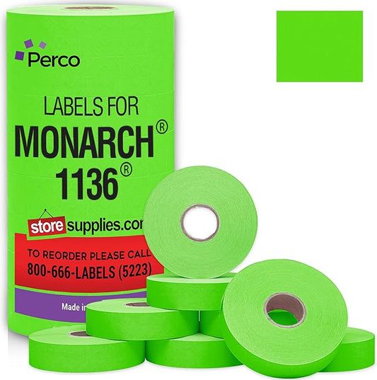 Perco Fluorescent Green Pricing Labels for Monarch 1136 Price Gun - 8 Rolls, 14,000 Pricemarking Labels