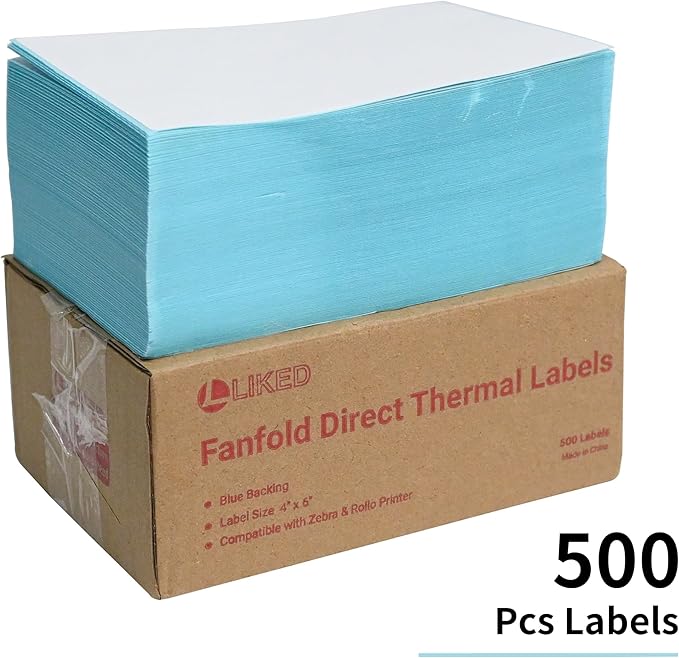 L LIKED 500 Fanfold 4 x 6 Thermal Labels, with Perforated Line Shipping Labels, Compatible with Zebra & Rollo Printer, White, Commercial Grade