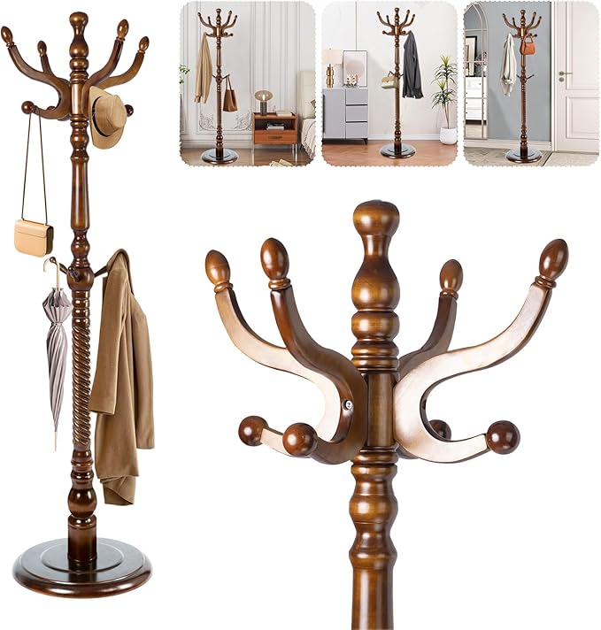 Solid Wood Coat Stand, Freestanding with Stable Base, 70" Birch Coat Tree Organizer for Home, Bedroom, Office, Hallway & Entryway with 11 Hooks