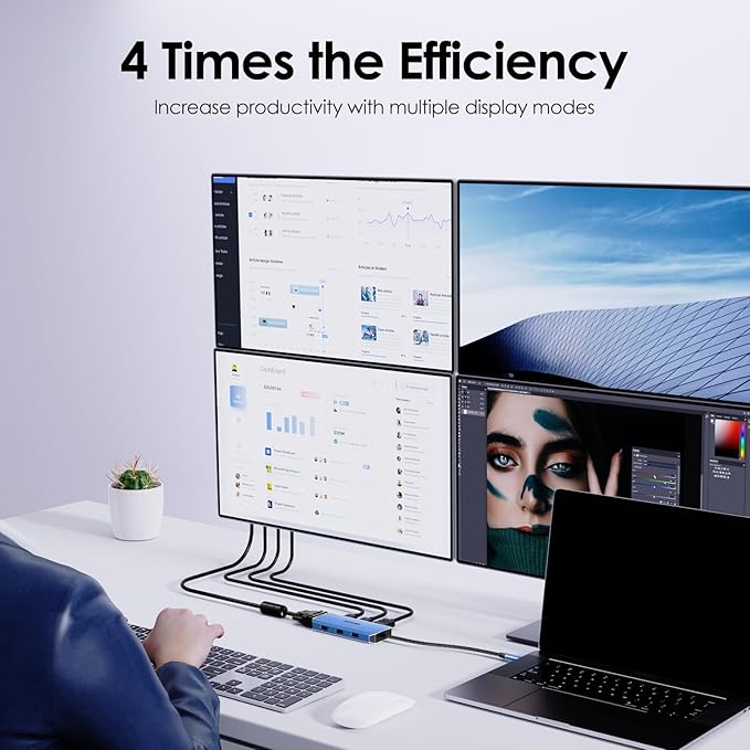 WAVLINK USB C Docking Station for MacBook Dell XPS 13/15, Lenovo Yoga, HP Laptops, USB C to Dual HDMI Monitors for Windows, USB Hub Adapter with Dual HDMI, Displayport, VGA, 3 USB 2.0 Ports, Blue